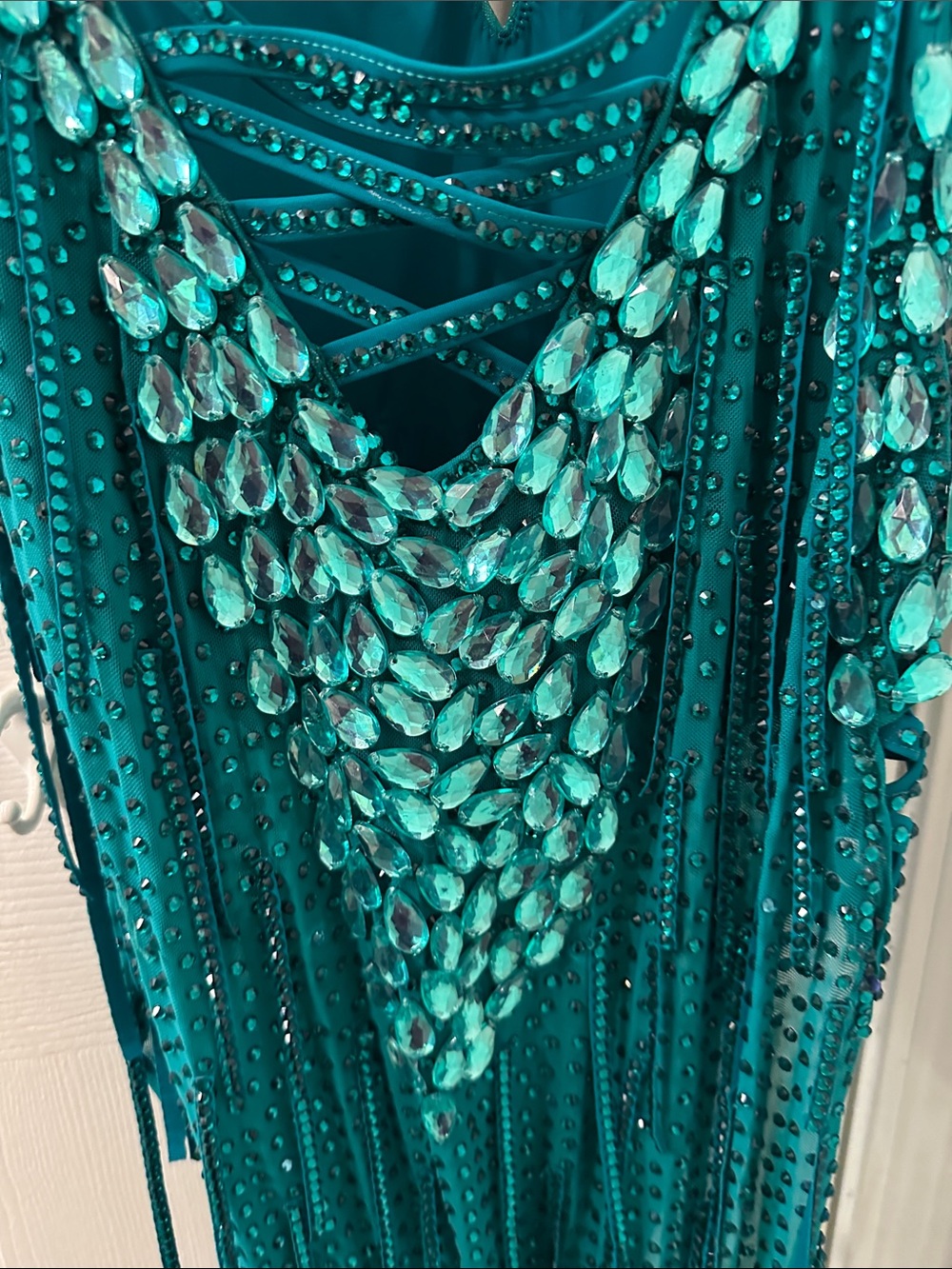 Emerald Fringe Sequin Latin Rhythm Ballroom Dress - Picture 3 of 6